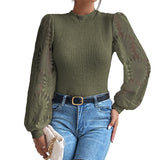 Fongt Round Collar Hollow Coated Women Autumn Fashion Pineapple Lace Splicing Sleeve Jersey Women