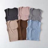 Trend Women's Knitted Jacket Generous Collar Solid Color Slim Short Style Small Vest High Waist Navel Sleeveless Blouse-Outfit