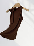 Fongt Lace Cut Shoulder Sleeveless Top Elegant Morde Cotton Sexy Tight Stretch Scarf Collar Vest-Outfit