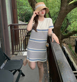Fongt Summer New Striped Knitted Temperament Sexy Knitted Ice Silk Cover Head Short Sleeve Splicing Dress Woman