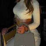 Rhinestone Tassel Long Sleeve Crop Top Solid Round Neck Ribbed Knit Blouses Women Shirts Street Club