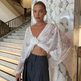 White Lace Mesh 3d Flower V-neck Long Sleeve Crop Top-Outfit