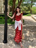 Fongt Xixi 2025 Summer New Korean Version Of High-Waisted Holiday Sling Dress V-Neck Print Pure Desire Skirt 88340