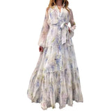 Fongt Women's Chiffon Print Dress Open Shirt Swing Belt Fashion Broken Flower Long 8072