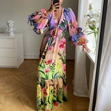 Fongt Summer New Printing Gradient Lotus Leaf Side V-Neck Sexy Lanky Long Dress