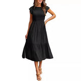 Fongt Summer Hot Women's Clothing New To Take Flying Sleeves Pure Color Folding Short-Sleeved Dress Women
