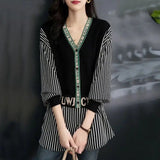 Striped Patchwork Letter Blouse Fake Two Pieces Spring Autumn Elegant V-Neck Single-breasted Female Clothing Loose Shirt-Outfit