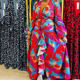 Fongt Spring New Women's Retro Print Deep V Open Fork Dress Dress Dress