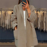 Fongt Women's 2024 New Women's Thick Solid Color V-Neck Cardigan Loose Pocket Sweater Coat-Outfit