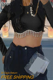 Rhinestone Tassel Long Sleeve Crop Top Solid Round Neck Ribbed Knit Blouses Women Shirts Street Club