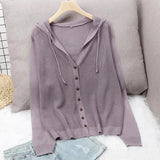 Knitted Hooded Cardigans For Women Summer Thin Long Seeve Sunscreen Shirt Single Breasted Solid Knitwear Coat Tops