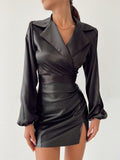 Satin Shirts Office Lady Lantern Sleeve Turn-down Collar Fall Bow Tie Women's Elegant Fashion Padded Shoulder Top