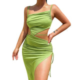 Fongt Folded Shoulder Irregular Hollow Dress Women's Summer Sexy Temperament Open