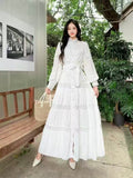 Fongt Gentle Style Dress Spring Dress Design Hollow Lace Splicing Bubble Sleeve Dress Holiday Dress
