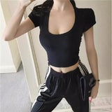 Fongt Solid Color Slim Sexy Female Short Sleeve U Collar T Shirt Basic Korean Version Short Jacket Ebay-Outfit