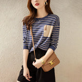 Fongt Round Collar Stripe Cashmere Knit Sweater Female Qiu Dong New Style Korean Version Temperament Loose Joker Bottom Unlined Upper Garment-Outfit