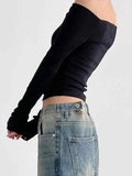 Solid Color Off Shoulder Slim Long Sleeve Tee-Outfit