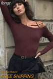 Shirt Long Sleeve Top Off Shoulder Crop Top Chain Hollow Out T-Shirts Yellow Tees Solid Slim Black Streetwear Y2K