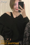 Korean Style Solid Hoodies Women Harajuku Sexy Off Shoulder Sweatshirts V-neck All-match Long Sleeve Tops Gothic