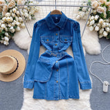 Denim Skirt Sweet Candy Temperament Shirt Collar Button Slim Design Fake Two Dresses For Women-Outfit
