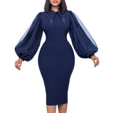 Fongt Women's Spring And Autumn Long-Sleeved Large-Size Bag Hip Nail-Bead Mesh Splicing Commuter Pencil Skirt Dress