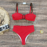 2025 New Pure White Chain Sling Split Swimsuit Women High Waist Pit Strips Brab