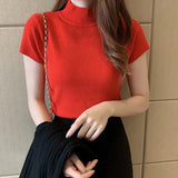 Knitted T-shirts Turnelneck Tees Plain Solid Knitted Short Sleeve Casual O-neck T-Shirts For Women 2020