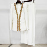 Fongt New Fashion Heavy Industry Embroidered Lucide Nails Diamond Jacket Trouser Set Two Sets