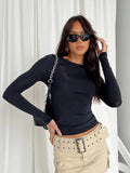 Fongt Women's Autumn Versatile Irregular Slim Bottom Top T Shirt Round Collar Solid Color Slim Long Sleeves-Outfit