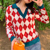 Color Matching Women's Sweater Turn-down Collar Knitted Pullover Female 2021 Autumn Preppy Style Basic Daily