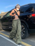 Army Green Low Rise Parachute Pants Women Cyber Y2K Vintage Pockets Cargo Trousers Oversize Wide Leg Joggers Edgy