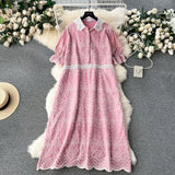 Heavy Industry Embroidered Lace Lapel Collision Color Splicing Loose Slim Long-Size Women's Holiday Dress-Outfit