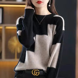 Dye Spring Fall Knit Tops Women Casual Patchwork Korean Sweaters Design Contrasting Colors Pullover O-neck Knitwear