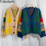 New 2020 Autumn Winter Women's Sweaters V-Neck Buttons Cardigans Checkered Knitted Oversize Vintage Tops