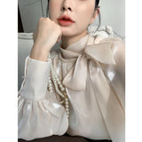 Women's Satin Blouses Stylish Big Bow Shirts 2023 Casual Puff Sleeve Female Solid Baggy Tunic