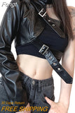 Women Punk Style Sexy Crop Tops y2k Harajuku Cool Single Long Sleeve Neck Hanger Leather Belt Connected Tops Fairy