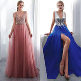 Fongt Wishebayshopee Pink Embroidered Beads Sexy Deep V-Squins Evening