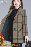 Middle-aged Women's Coats Fashion Grid Woolen Overcoat Female Autumn Winter Wool & Blends Pockets Elegant Woman Jackets