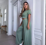 Fongt Summer Women's Round Neck Solid Color Sexy Wide Leg Pants Fashion Casual Suit Woman