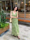 Fongt Xixi 2025 Summer New Korean Version Of High-Waisted Holiday Sling Dress V-Neck Print Pure Desire Skirt 88353