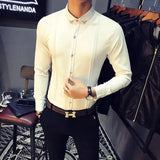 Tuxedo Shirts Pleated Front Solid Mens Dress Shirts Casual Slim Fit Long Sleeve Wedding Evening Blouse Male Black Red
