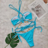 Fongt Crystal Diamond Bikini Hanging Neck Cross Strap Split Body Women's Swimsuit Beach Vacation Swimsuit New