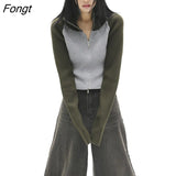 Patchwork Zipper Cardigan Women Long Sleeve American Retro Knitted Sweater Autumn Winter 2023 Female Cardigans Y2K