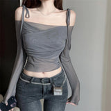 Sunscreen Women's T-shirt Off shoulder Strap Women's top French style-Outfit