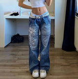 Street Style Irregular Print Slacks Low Waist Pleated Washed For Old Multi-Color Jeans-Outfit