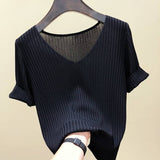Summer Thin New Ice Silk Sweater Loose V-Collar Bottomed Black T-Shirt Short-Sleeved Women's Solid Color Ins Trend-Outfit