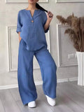 Fongt Fashion Women's Comfortable Loose Top Broad Leg Trousers Casual Cotton