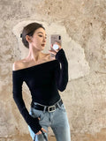Slash Neck Tee Women's Slim Simple Off-shoulder Full Sleeve T-shirts Girl Solid Stretchy Tshirt Top-Outfit