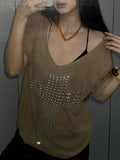 Fongt Sub-Series Cross Scald Copper Slanted Shoulder Loose Casual T-Shirt Hottie Street Sexy V-Neck On The Shoulder