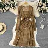 Fongt Spring And Summer Leisure Cardigan Dress Female Feeling Hollow Out Travel Vacation Wind Open Fork Long Shawl Tide-Outfit